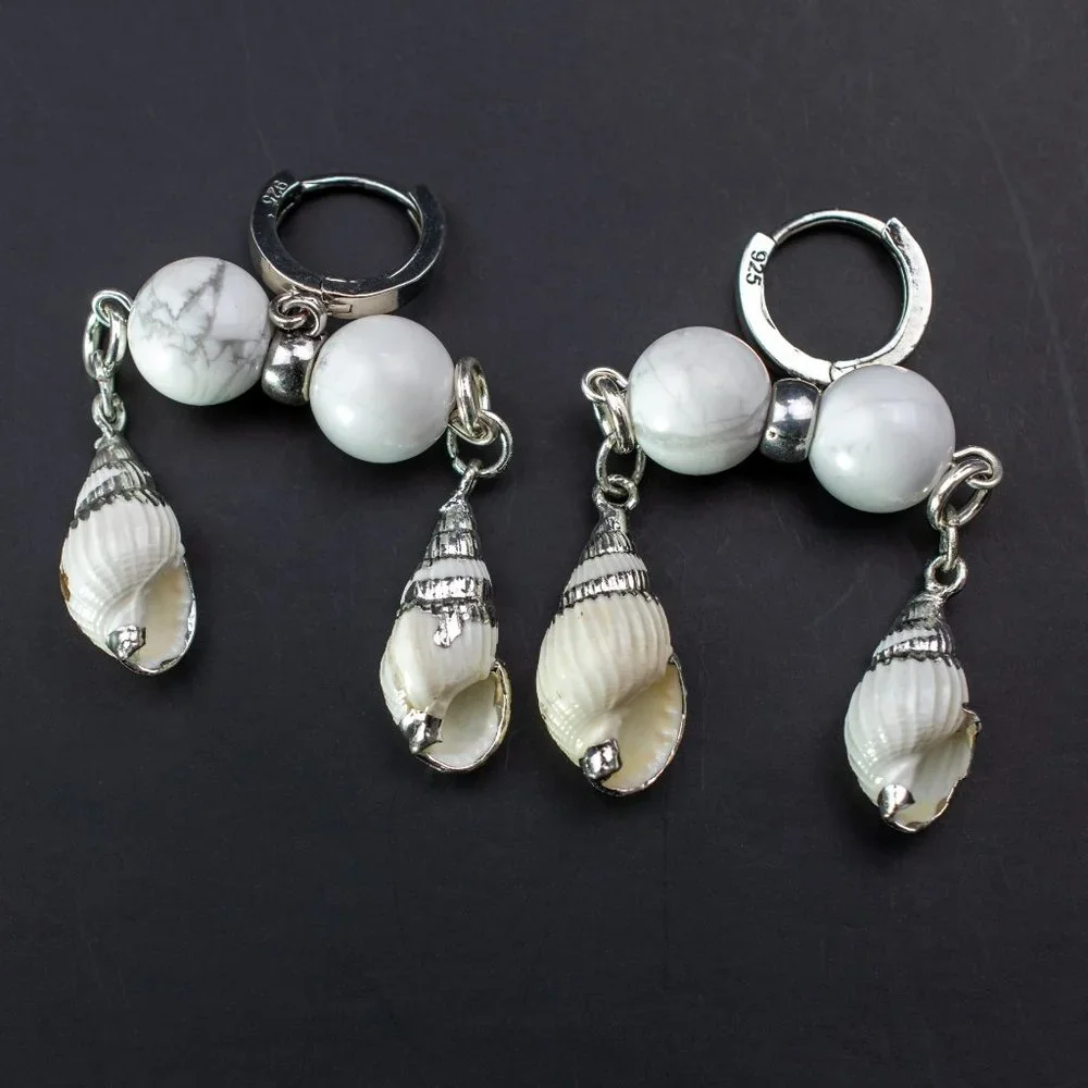 Unique White Shell Chunky Earrings, Handcrafted Howlite Dangle Hoops